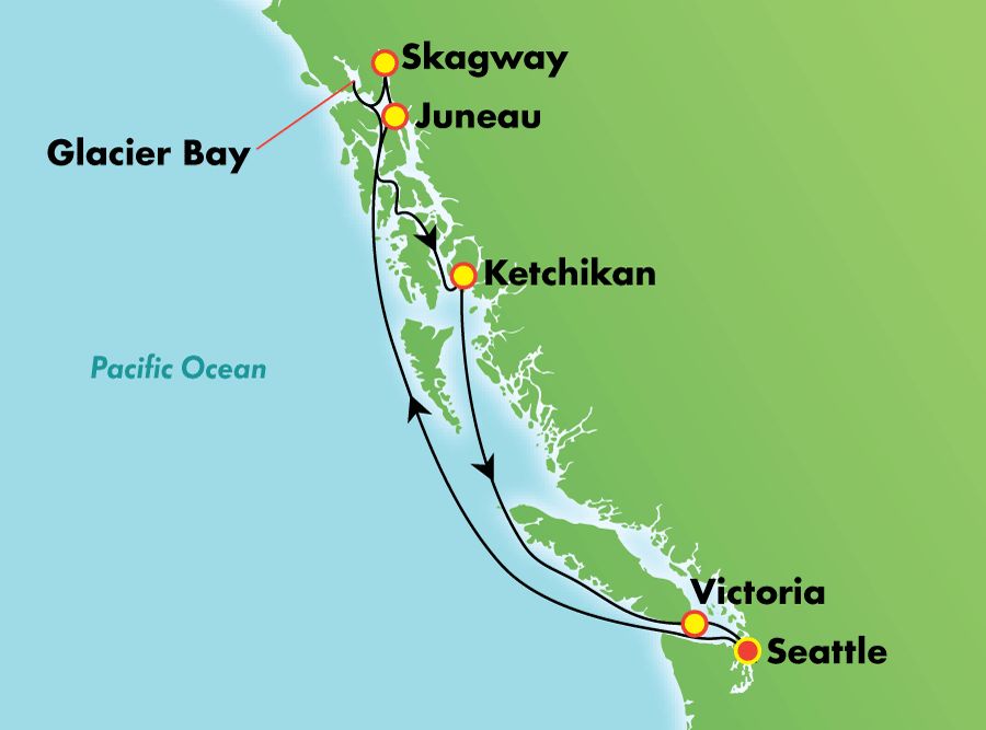 7-Day Awe of Alaska: Inside Passage & Glacier Bay from Seattle Itinerary Map